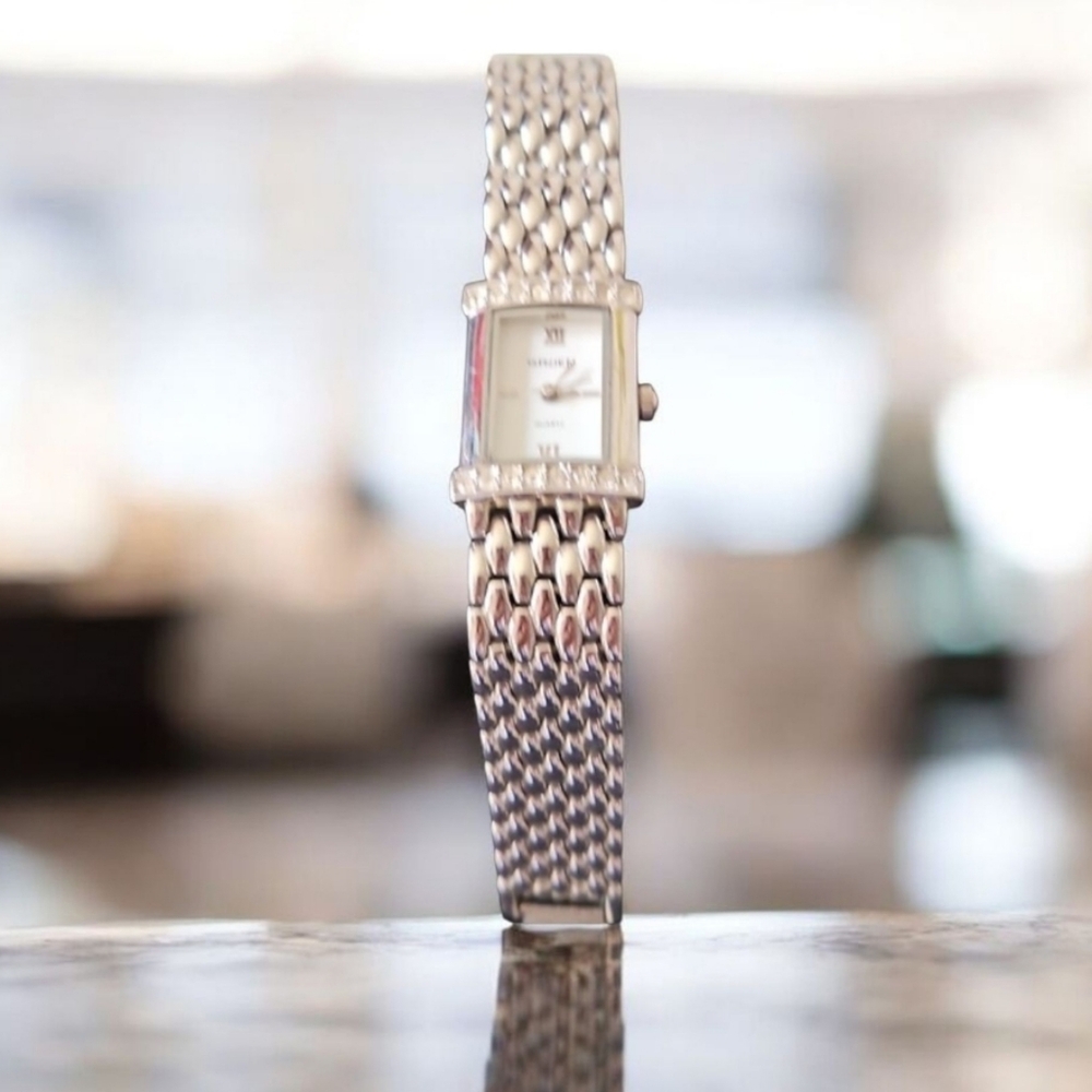 Elegant Silver-Tone Watch with Faux Diamond Accents, By GRUEN Good Clasp